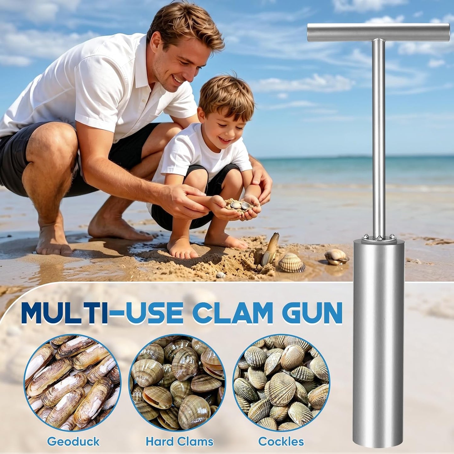 HVDI Clam Gun for Clamming, 32" Stainless Steel Clam Gun with Air Vent and 4" Tube Diameter, Vacuum Clam Digger Tool for Harvesting Cockles, Geoduck, and Various Beach Shellfish Plain Silver