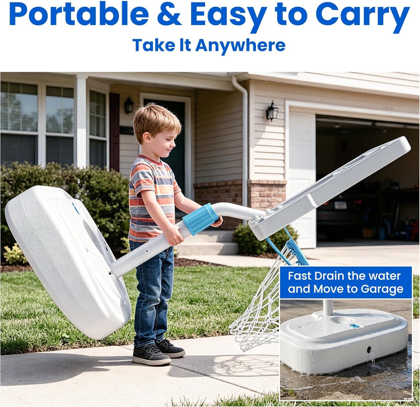 Pool Basketball Hoop (Includes 2 Balls and Pump), Stainless Steel Outdoor Pool Basketball Goal with Clear Backboard, Adjustable Height, Portable for Backyard, Family & Poolside Games