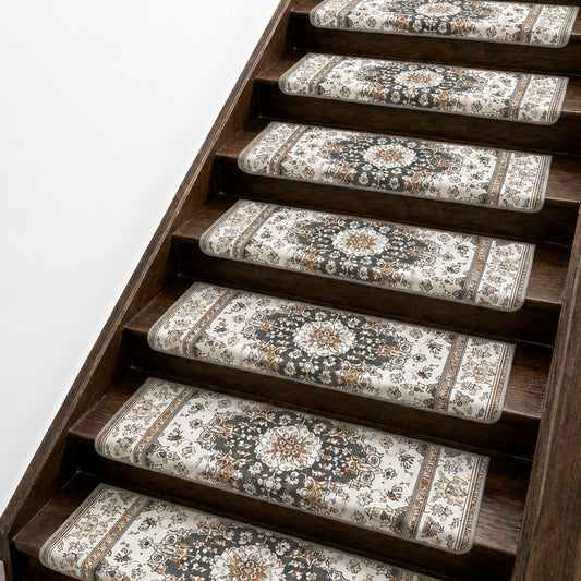 Bullnose Stair Treads, 14 Pack 30 x 9.5 Inch Non-Slip Carpet Mats for Wooden Steps, Protective Indoor Stairway Covers with 1.5" Edge Protection for Kids, Seniors and Pets Brown 14 PIECES