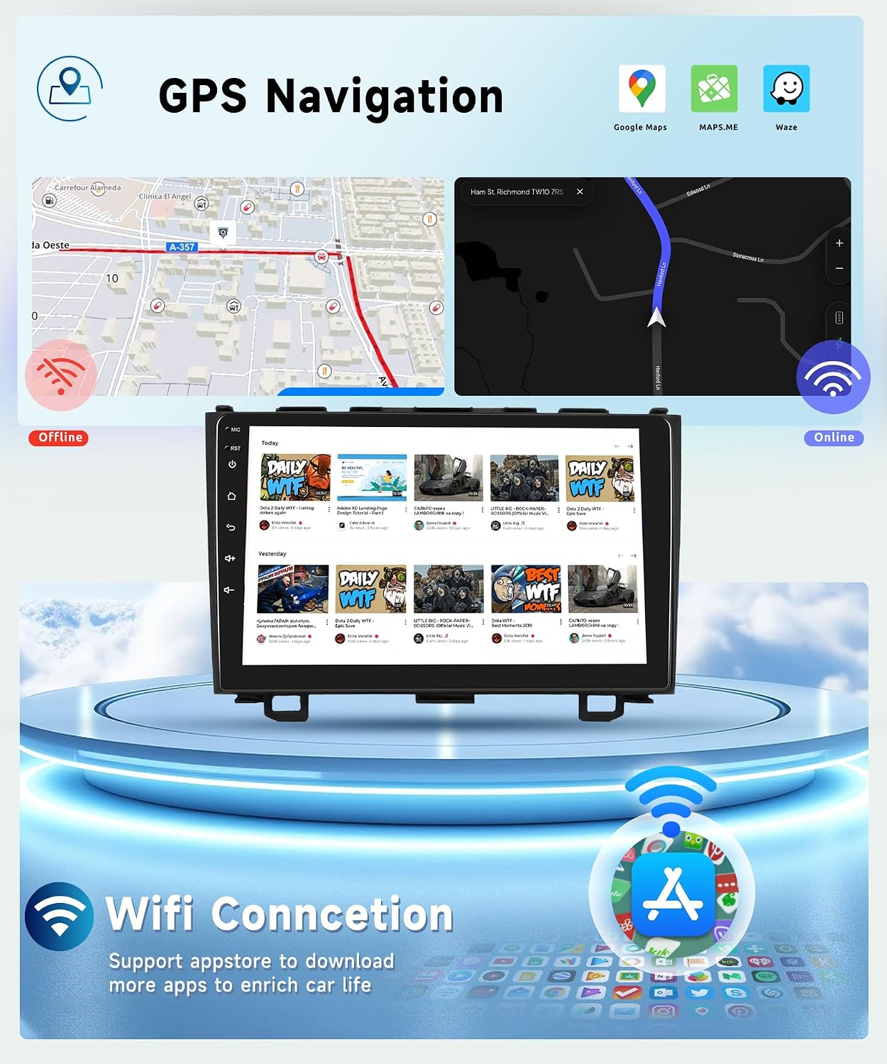 8 CORE 4+64G Car Radio Stereo for Honda CRV 2007-2011 Wireless CarPlay Android Auto 9 Inch HD IPS Touch Screen Android 13 GPS WiFi Bluetooth 32-Band DSP SWC AHD Backup Camera