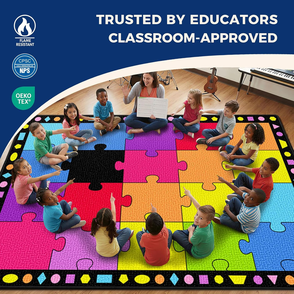 Booooom Jackson Colorful Puzzle Pattern Classroom Rug - 5' x 7'6" Large Carpet with 20 Spots for Preschool, Elementary, Daycare - Non-Slip Backing, Seating Squares for Circle Time & Reading