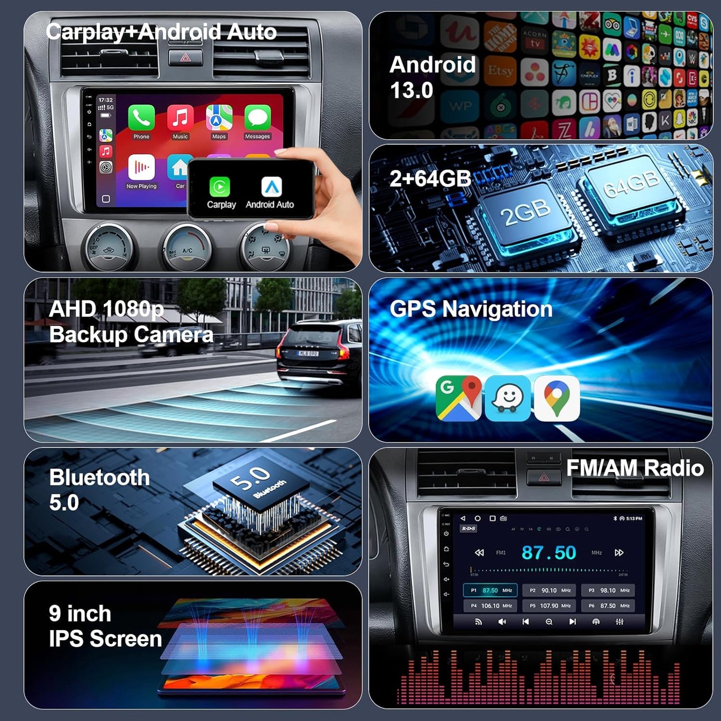 64GB Car Radio Stereo Upgrade for 2006-2011 Toyota Camry, Plug and Play 9'' Android 13 Head Unit with Wireless Carplay/Android Auto/1080P Backup Camera/AM FM Radio 4 Core 2+64GB