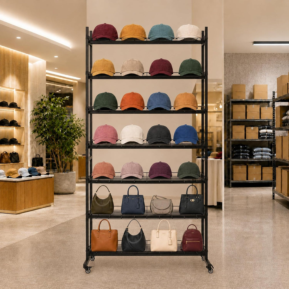 Hat Display Rack 7 Tier with Wheels, Metal Hat Rack Stand Up to 200 Caps