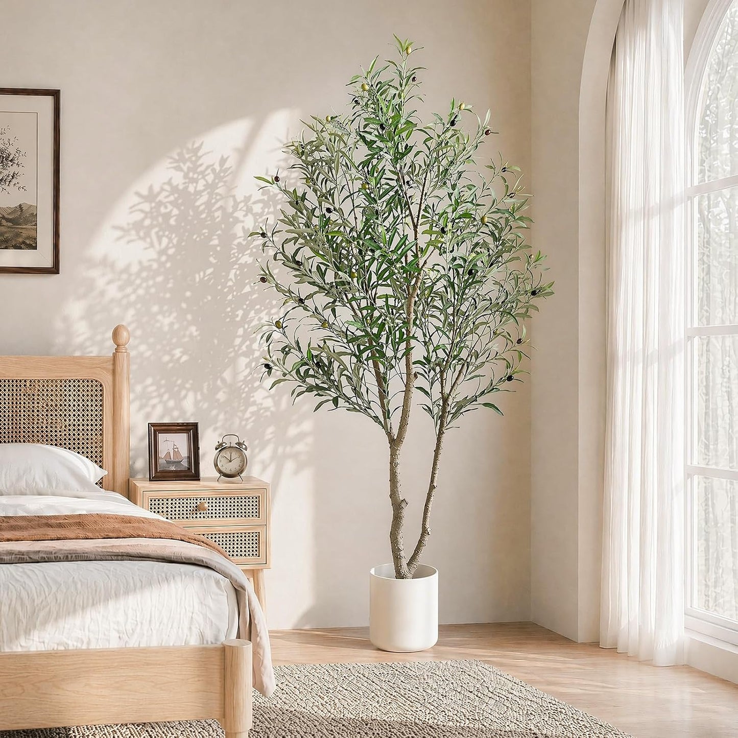 Faux Olive Trees Indoor, 7FT Tall Fake Olive Tree with Black Planter | Fake Potted Olive Silk Tree, Olive Wood Trunk and Lifelike Fruits Artificial Plants for Home Living Room Office Decor Indoor