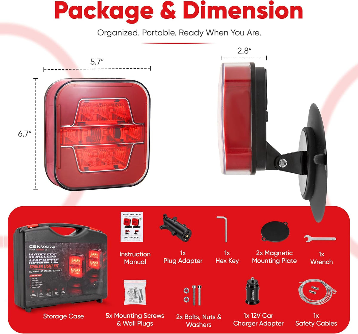 Wireless Magnetic Trailer Lights, Rechargeable USB-C Tow Light Kit 2 Mounting Options | 30s Magnetic Mount | 100ft Stable Range | USB-C 9H Runtime | IP67 Waterproof | 5 Light Functions