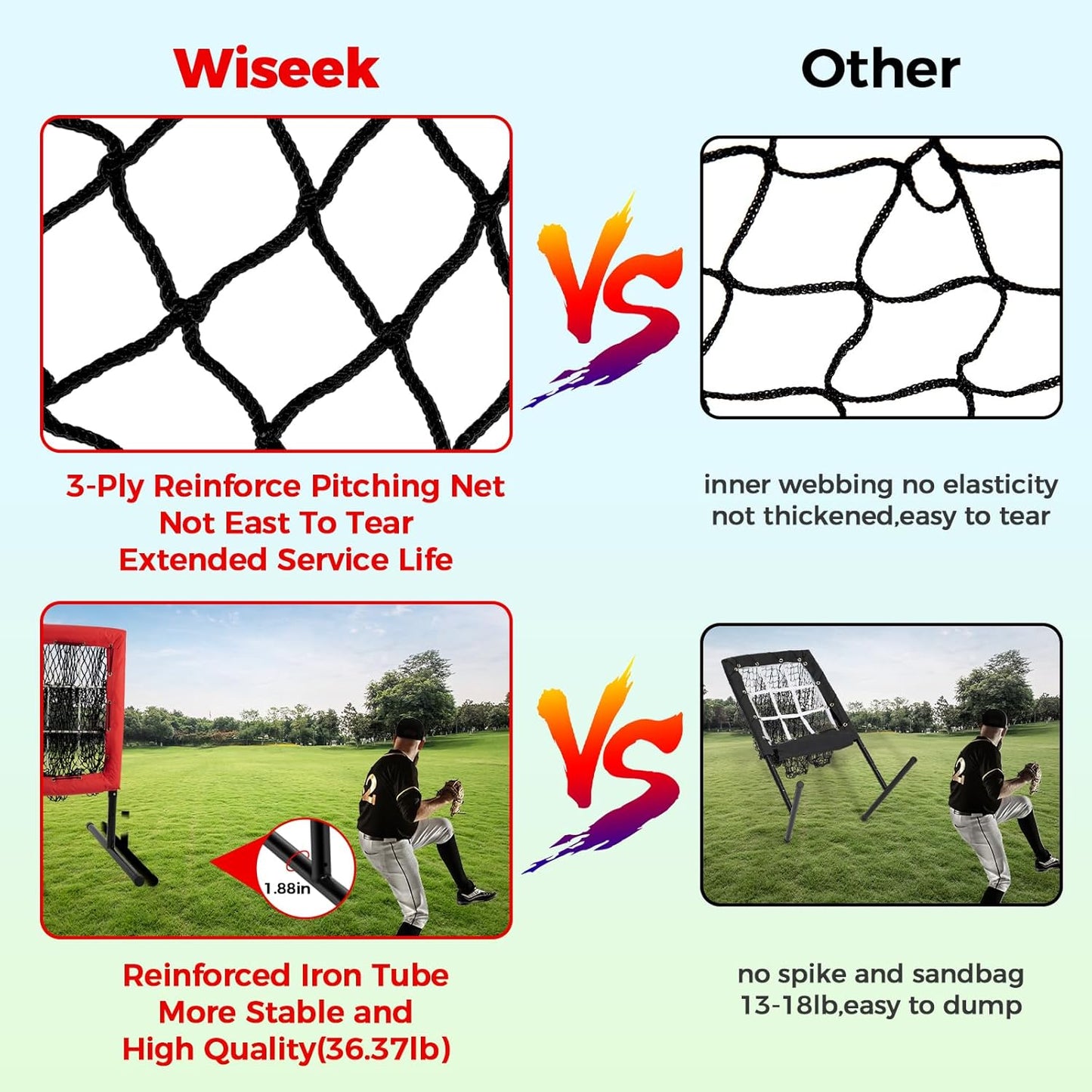 Heavy Duty 9 Hole Pitching Net with Strike Zone,9 Pocket Pitching Target Net of 4 Adjustable Heights (36-53in)