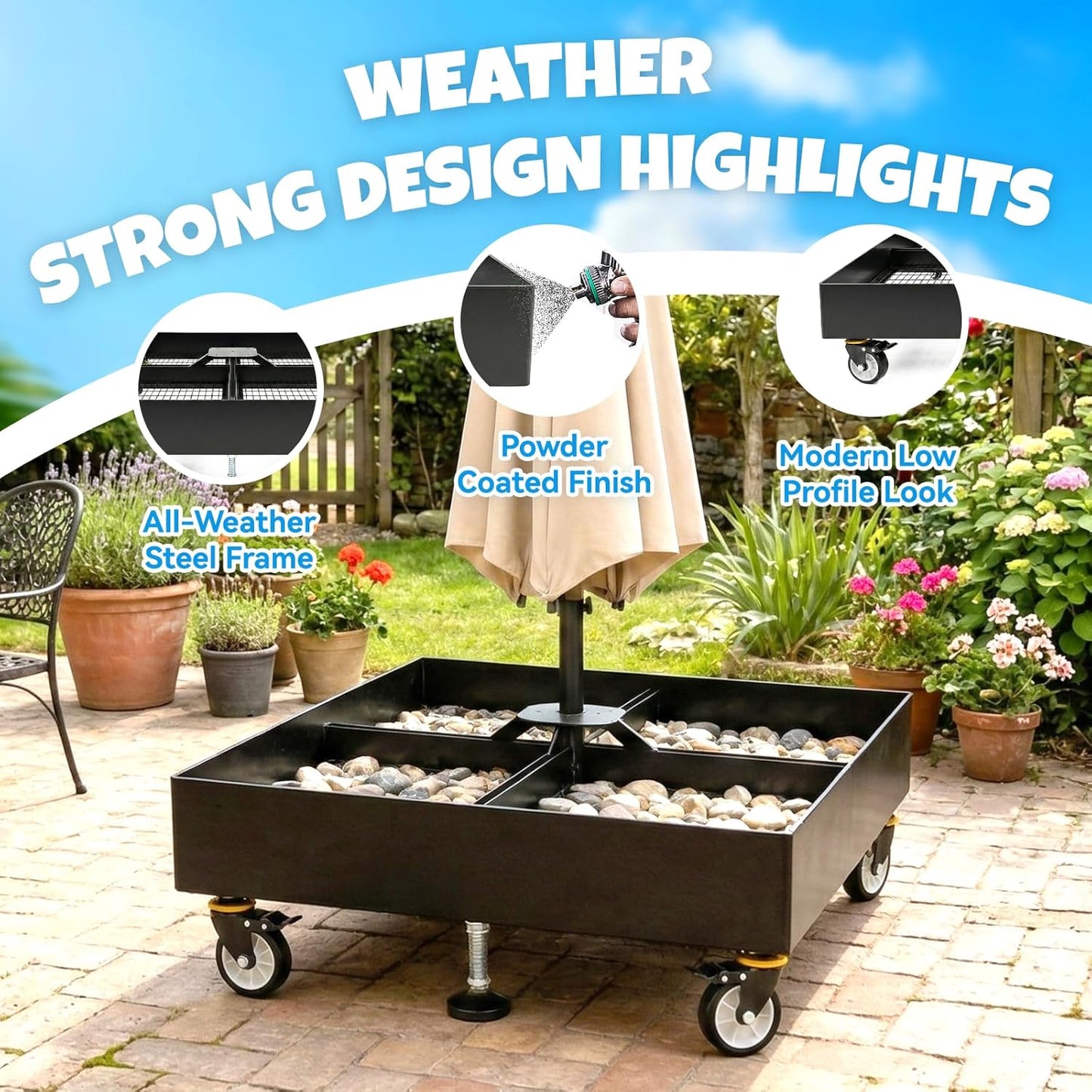 Cantilever Umbrella Base with Wheels, Heavy Duty Patio Umbrella Base Fillable with Stones, Large 37.79 Inch Square Base, Steel Frame Outdoor Stand for Offset Umbrellas