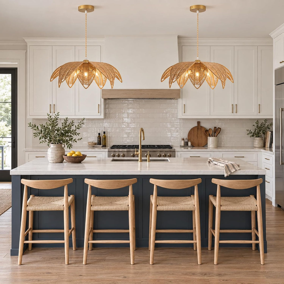 24" Rattan Pendant Light for Dining Room, 3-Light Farmhouse Boho Chandelier with Adjustable Cord, Rattan Light Fixture for Kitchen Island, Living Room, Bedroom, Entryway & Foyer, E12 Base Brown