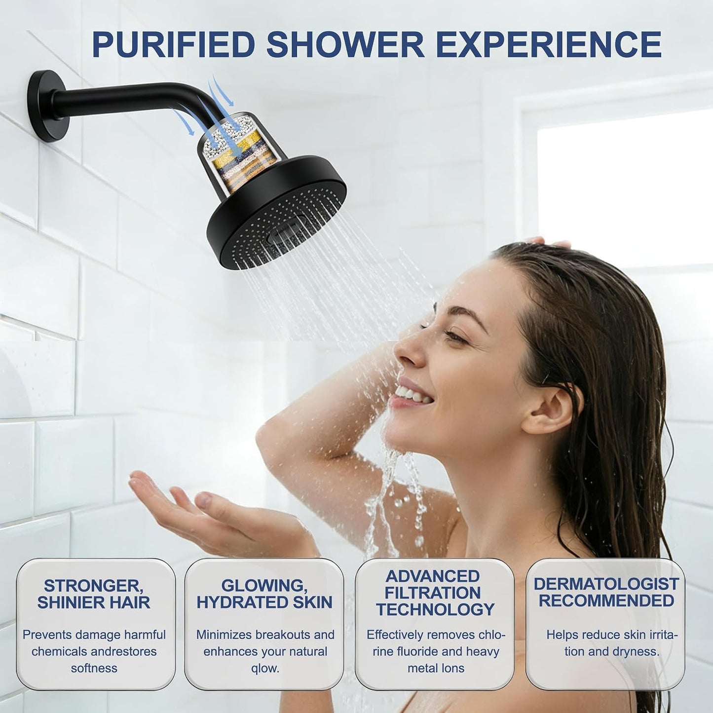 DLONE® Filtered Shower Head with Filter for Hard Water Softening - Black