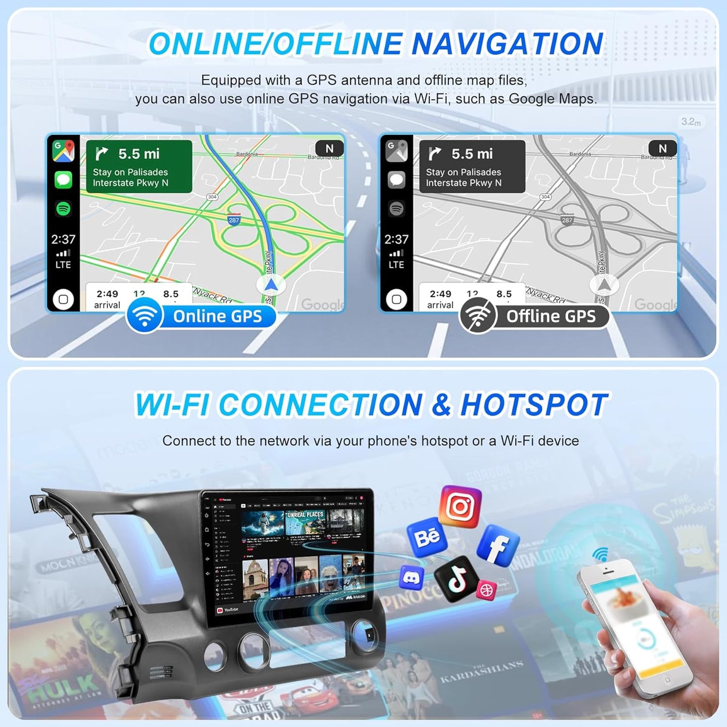 10" Radio for Honda Civic (2006–2011, 8th Gen), Android 15 Stereo, Wireless Apple CarPlay & Android Auto, Bluetooth 5.0, Built-in GPS + Wi-Fi, 2GB + 64GB, HD Touchscreen Head Unit with AM/FM/RDS