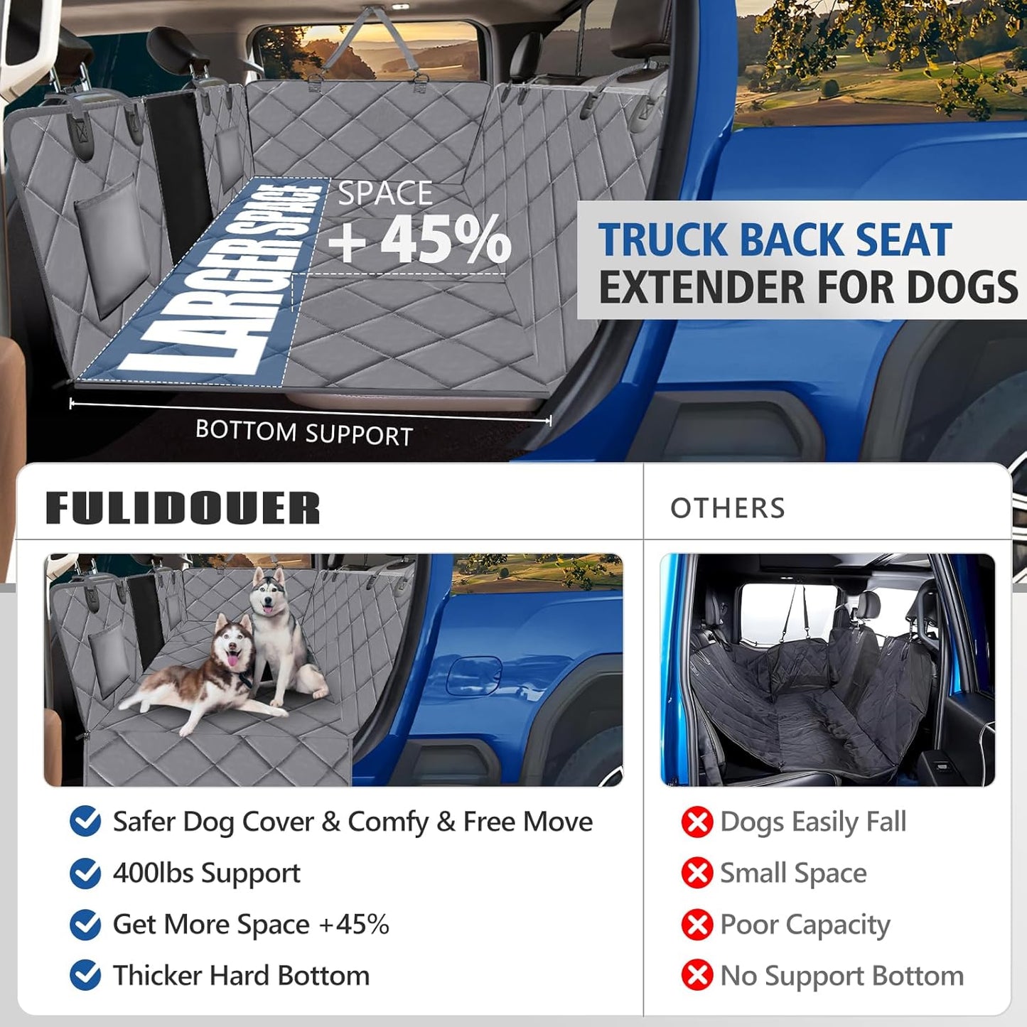 Truck Back Seat Extender for Dogs, Truck Dog Car Seat Cover for Back Seat Supports 400lbs, Hard Bottom Dog Seat Covers for Trucks, Waterproof Dog