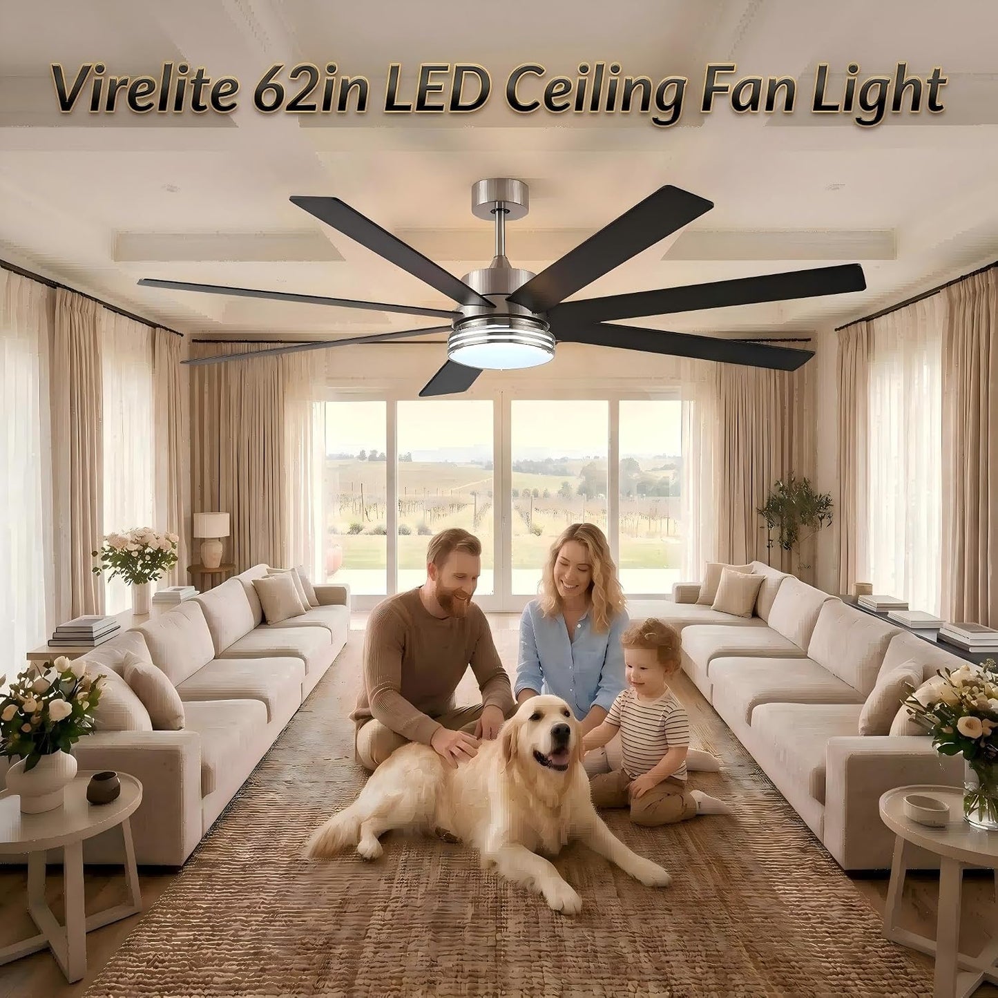 62 Inch Ceiling Fan with Light, Brushed Nickel 7 Blade Reversible DC Fan, App & Remote Control, 3 Color Dimmable LED for Large Living Spaces