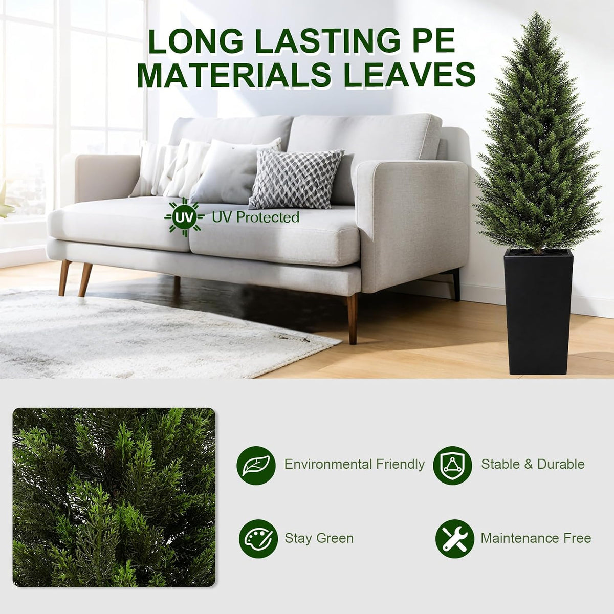 4FT Artificial Cedar Topiary Trees 2 Pack, Realistic Faux Cypress Trees with Square Black Planter Pot, UV Resistant Outdoor Evergreen Plants for Front Porch Patio Garden Landscape Decor Black Square Planter 4ft