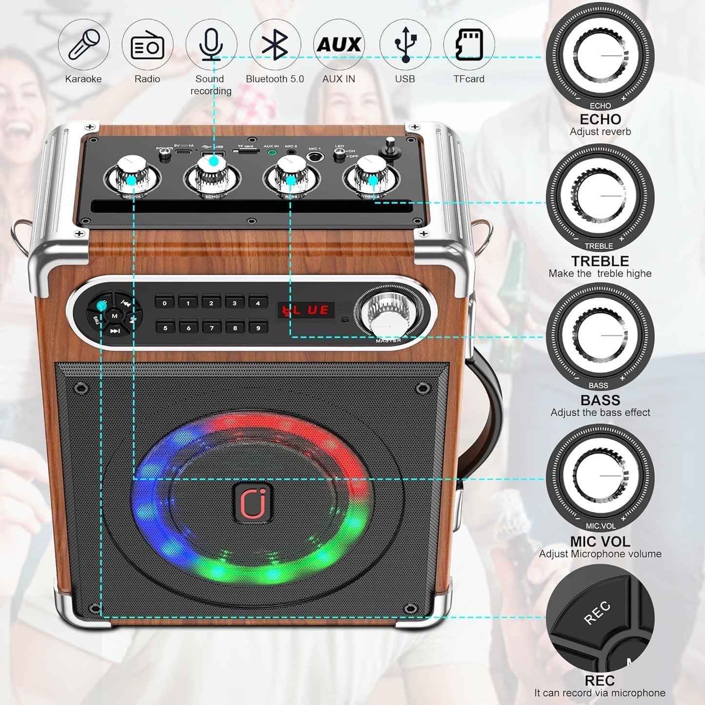 Karaoke Machine, Portable Bluetooth Speaker with 2 Wireless Microphones for Adults & Kids, Karaoke Microphone with PA System, Bass/Treble Adjustment,