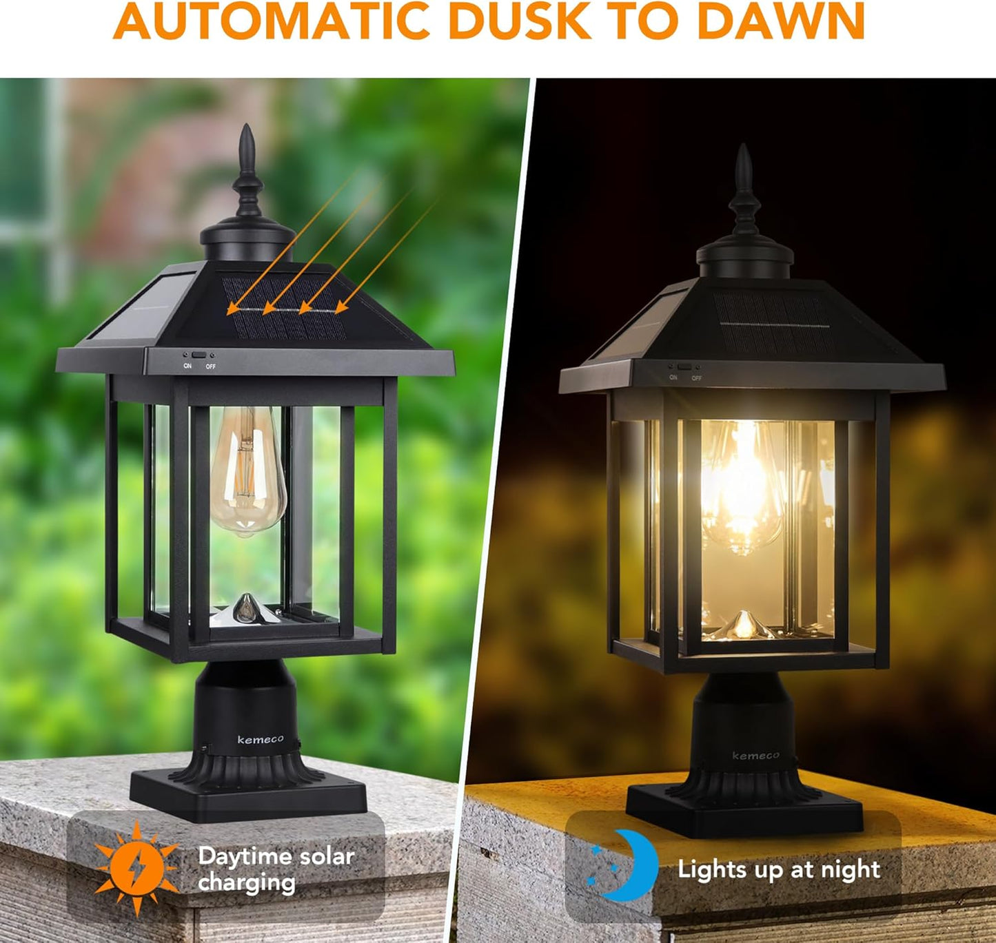 Solar Post Light with Pire Mount Base, Outdoor Dusk to Dawn Waterproof Aluminum Lamp Bright Sandy Colored LED Solar Powered for Pole Pillar Gates