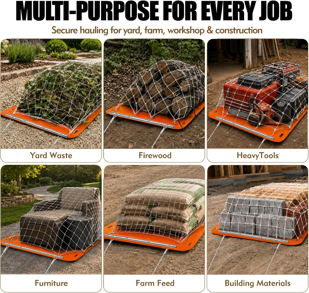 Yard Sled,1/8" Thick HDPE 90x47in with Cargo Net&8 Ground Stakes | Heavy duty yard sled ,capable of bearing up to 2000 lbs,used for stable transportation of debris,wood,and yard waste.