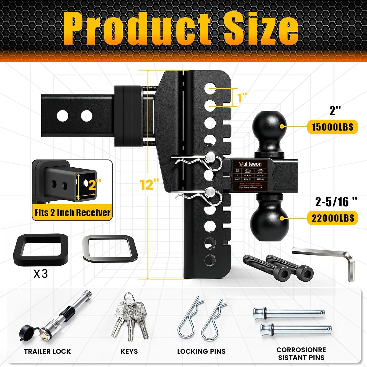 Adjustable Trailer Hitch,Upgraded 8'' Drop Hitch for 2 ''Receiver | Adjustable Tow Hitch with 2" & 2-5/16" Balls, Heavy Duty Truck Hitches for RV, Boat,Cargo,Slot-Fit Design, 22000 LBS GTW