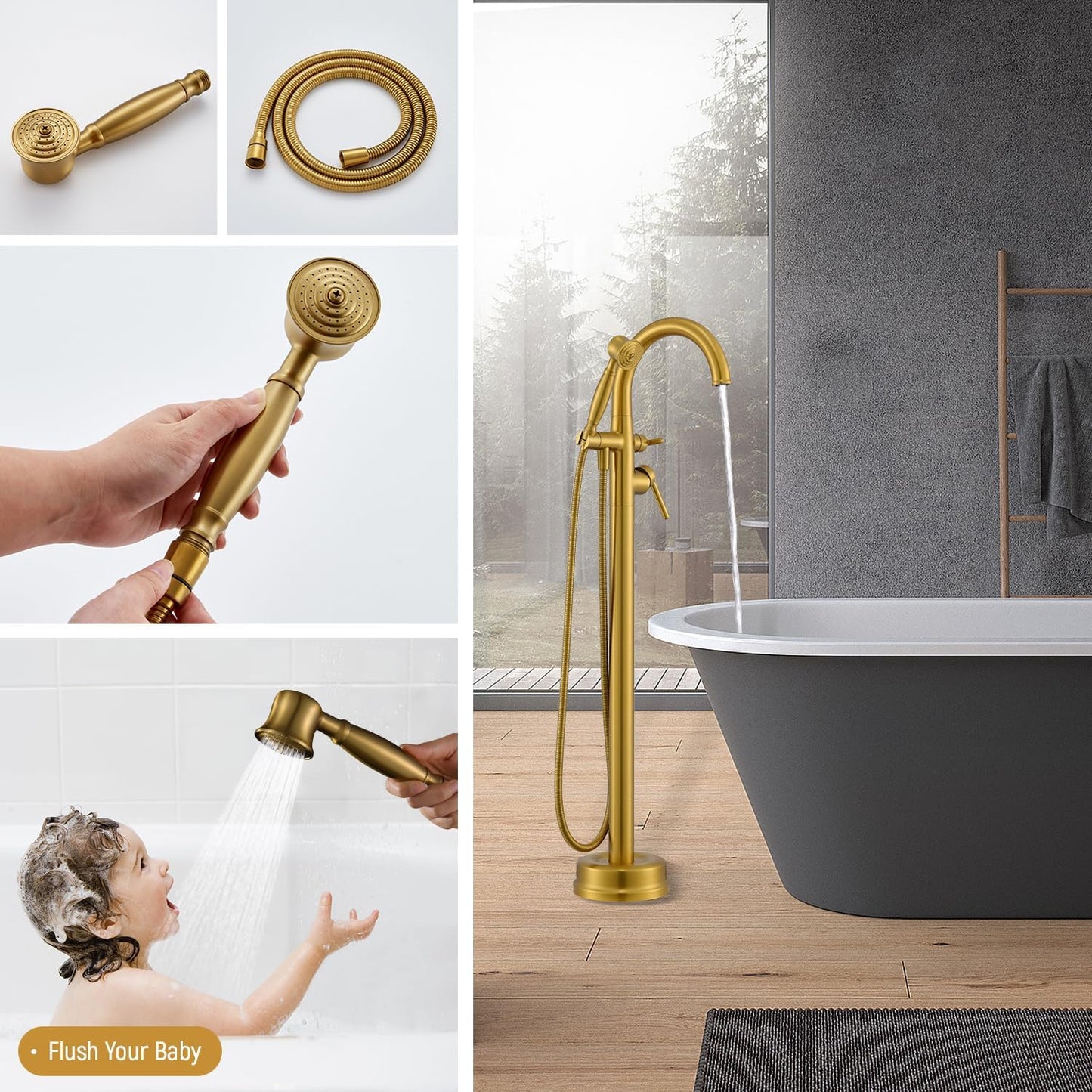 Freestanding Bathtub Faucet, 6.6GPM/60PSI Brass Floor Mount Tub Faucet Vintage Handheld Shower Brushed Gold