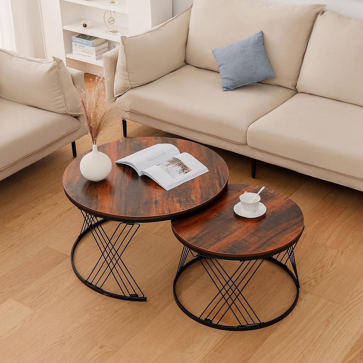 Round Nesting Coffee Table Set of 2 with Black Coated Metal Frame