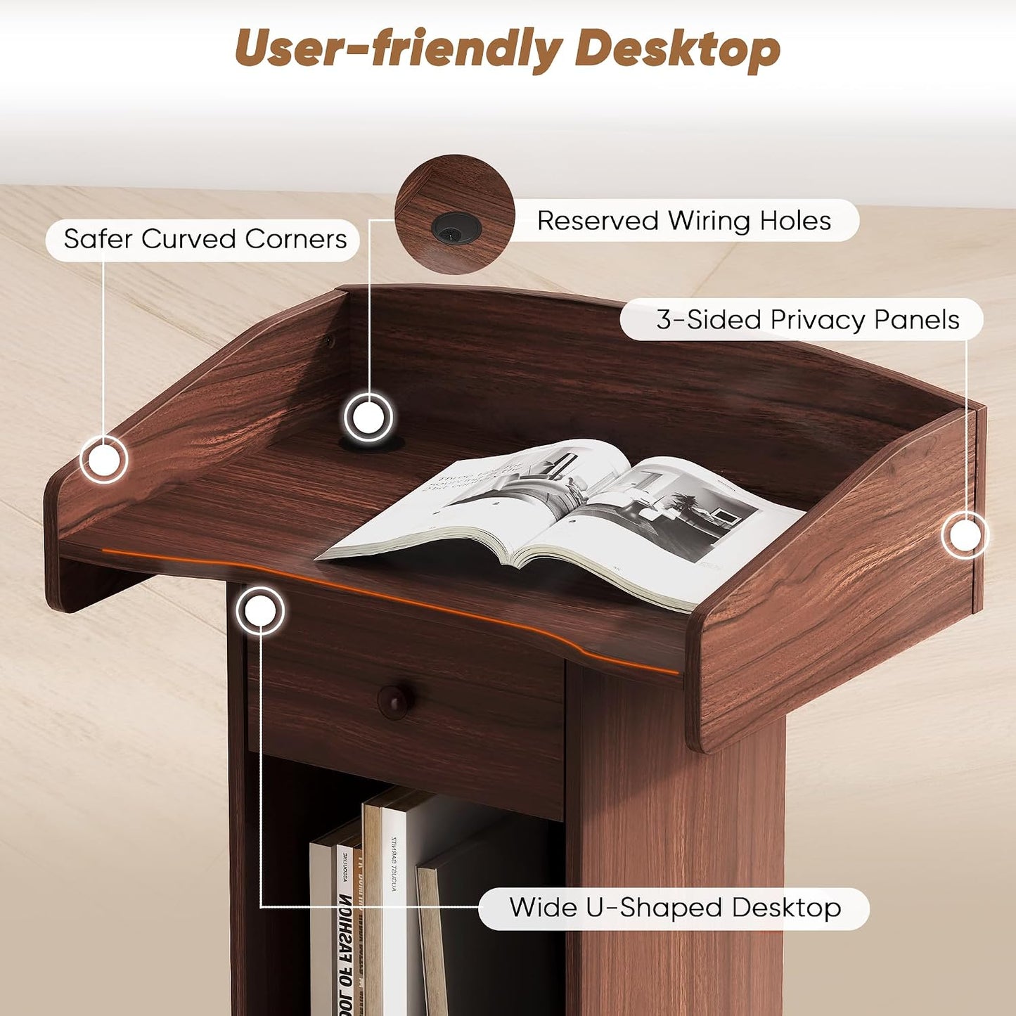 Portable Podium Stand with Metal Wheels, Rolling Podium with Drawer and Adjustable Shelf, Mobile Pulpit for Church, Wooden Lectern for Classroom Office Restaurant Conference (Brown)