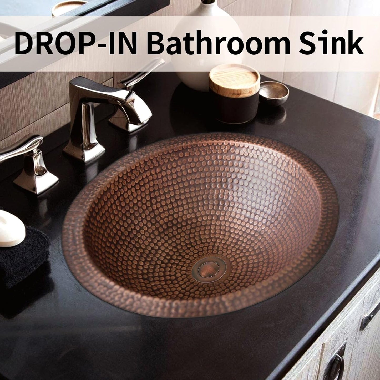 CT Copper Tailor Copper Bathroom Sink Undermount with Pop-Up Drain Stopper,Handmade,Round Shape,Heavy Hammered-Mediu