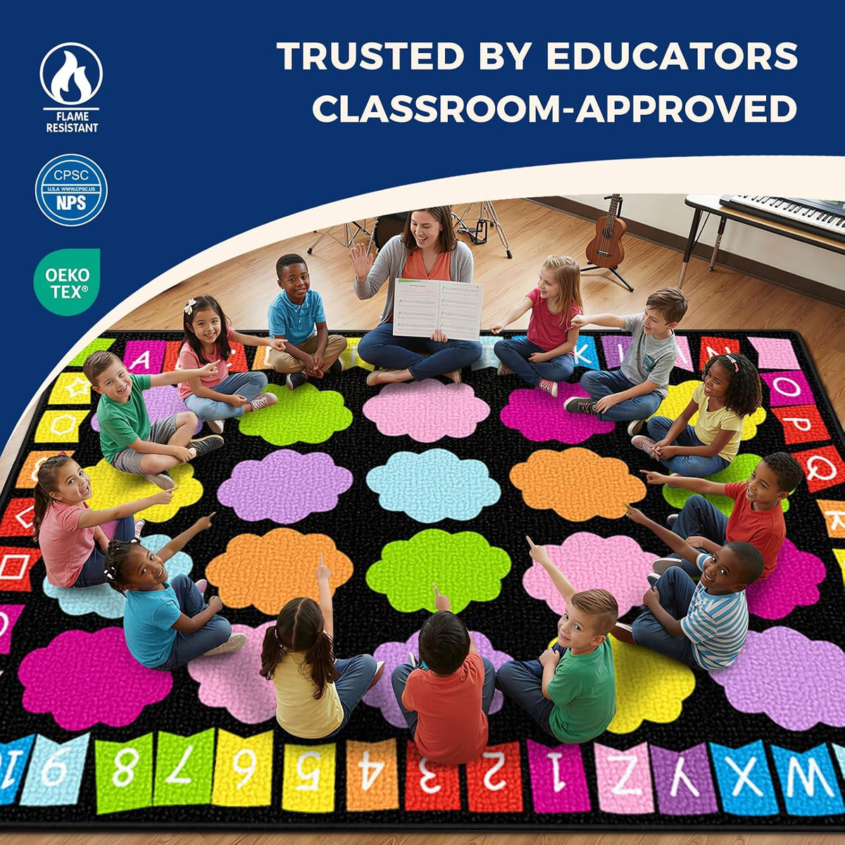 Booooom Jackson Classroom Rug - 5'x7'6'' Alphabet Cloud Seating Rug Preschool Classroom Carpet, Non-Slip & No-Trip Edges, Vibrant Colors for Kids Playroom Floor Mat
