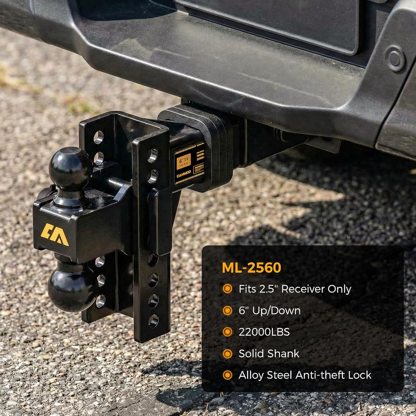CAMMOO Adjustable Trailer Hitch, Tow Hitch with 2.5 inch Receiver, 6 inch Rise/Drop Hitch, 2" and 2-5/16" Ball Hitch, 22000 LBS GTW Truck Hitch with U-Shaped Alloy Steel Anti-Theft Pin, Black