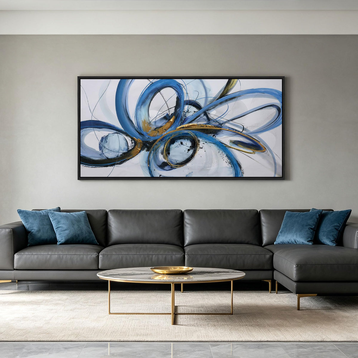 KLAKLA Blue Abstract Wall Art Black Framed Canvas Print 48x24 Inches Blue and White + Black Framed 48"L x 24"W