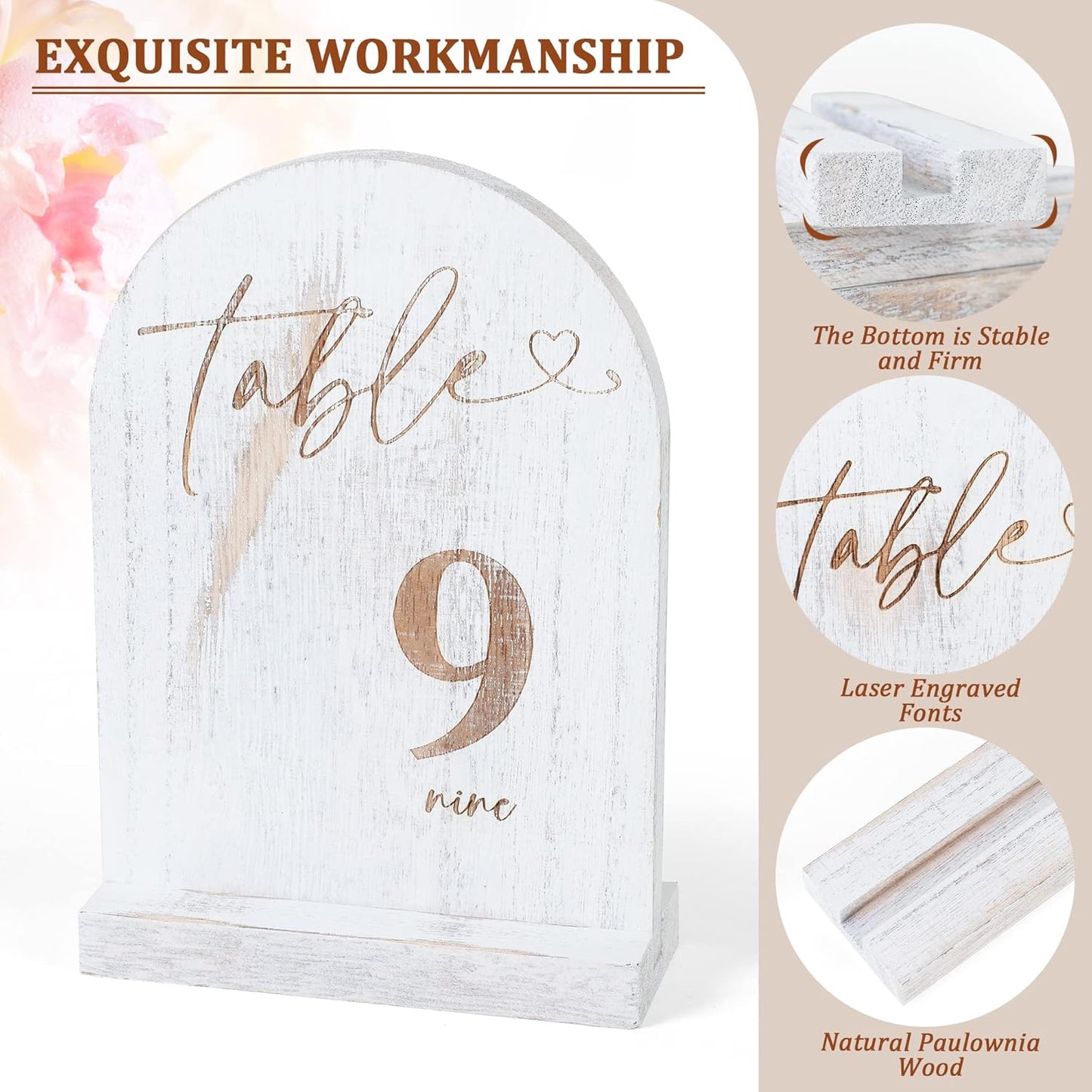 Asaultker 1-15 Wedding Table Numbers, Wooden Table Numbers, Double Sided Sign with Holder Base, Table Numbers for Wedding Reception and Party,