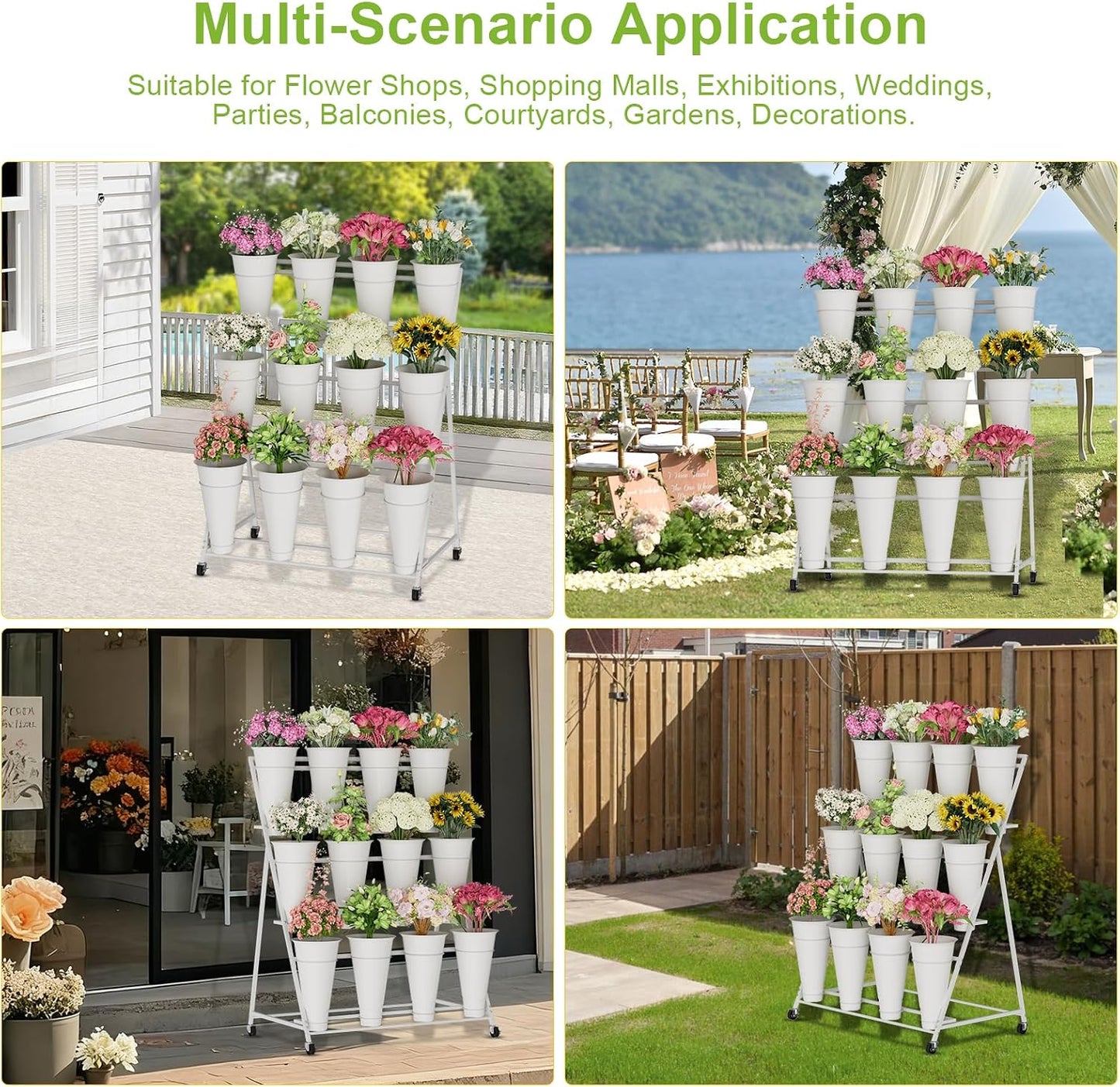 Flower Stand, 3 Tier Flower Display Stand with 12 Buckets, Upgrade Double Circle No Shaking, Outdoor Flower Cart with Wheels for Patio, Garden, Shop, Wedding, Party, Exhibition, Indoor, White