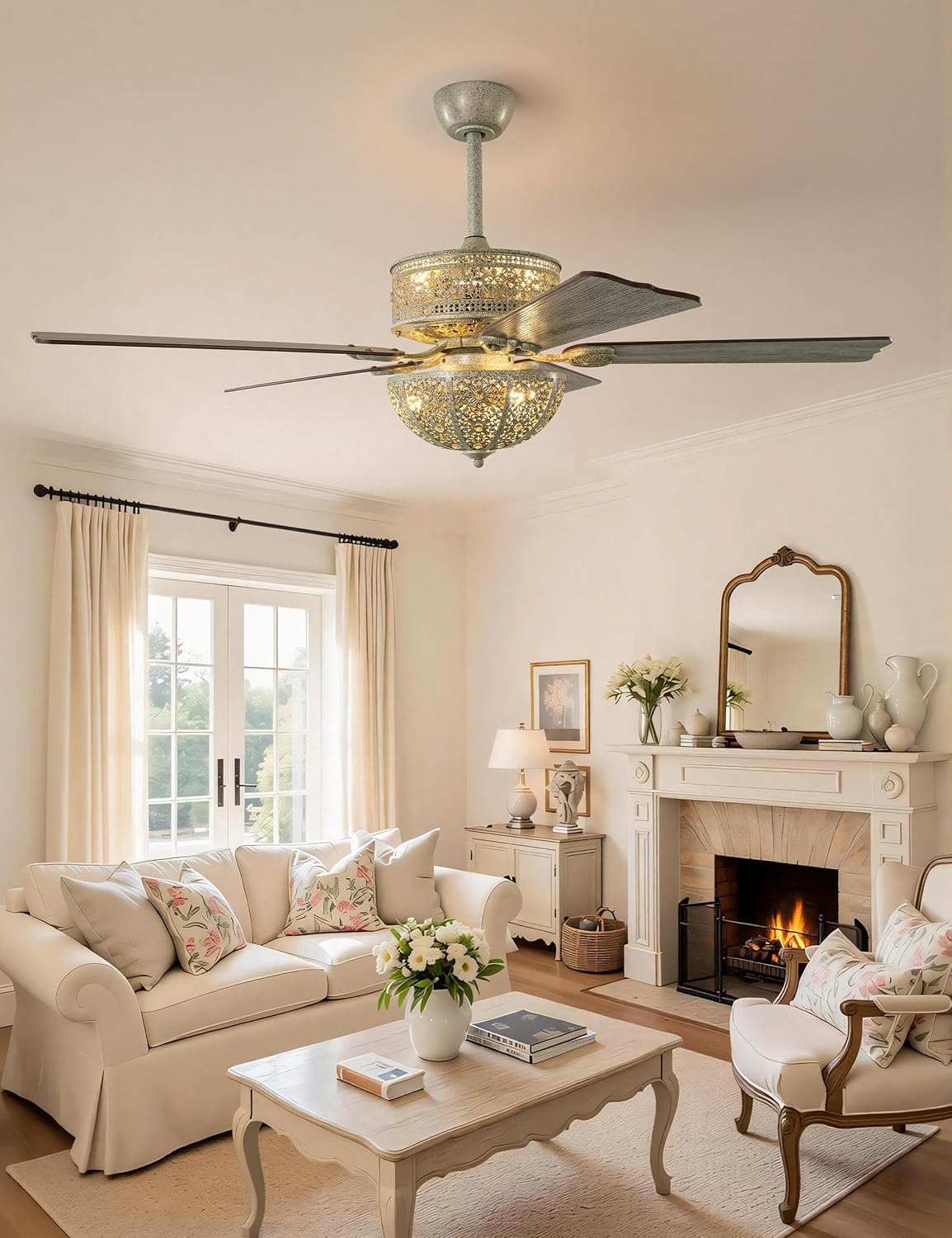 52 Inch Distressed Turquoise Chandelier Ceiling Fan with Light and Remote