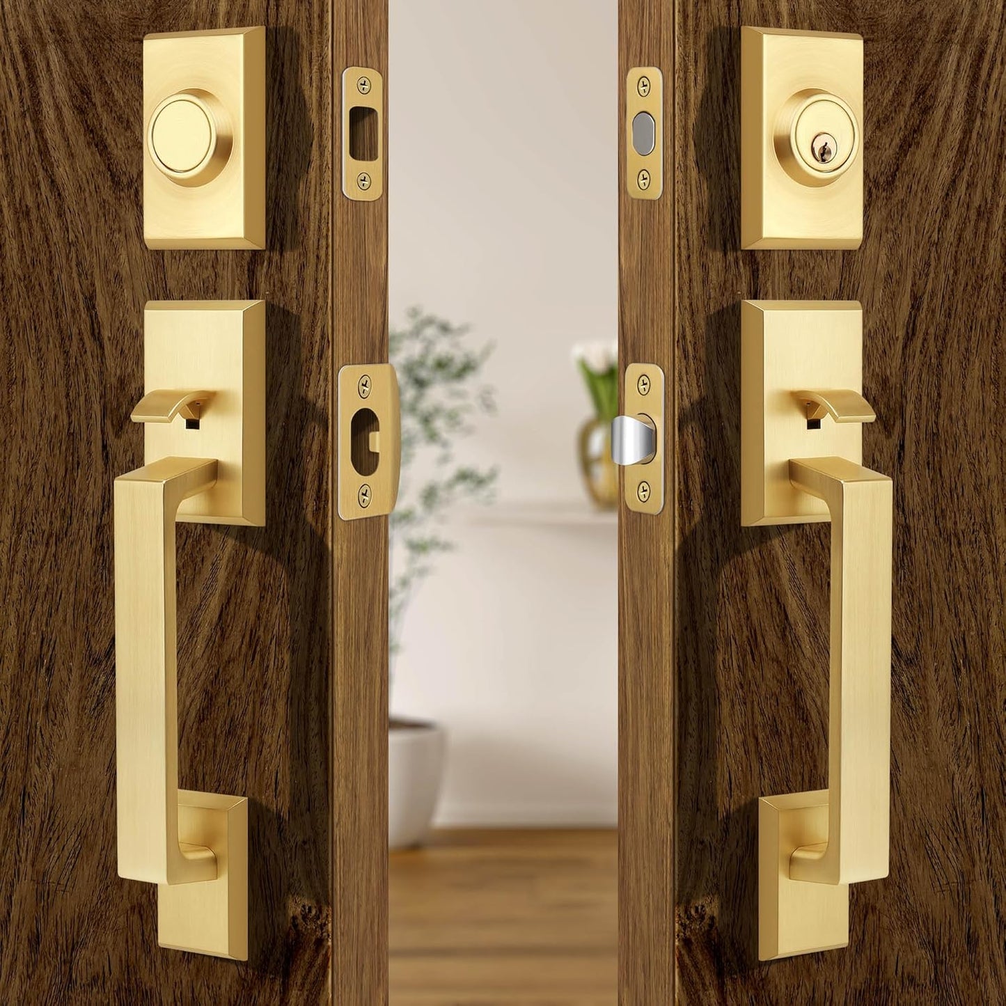 Double Front Door Lock Set, Brushed Gold Square Front Door Hardware Set with Dummy, Heavy Duty
