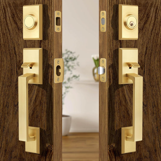 Double Front Door Lock Set, Brushed Gold Square Front Door Hardware Set with Dummy, Heavy Duty