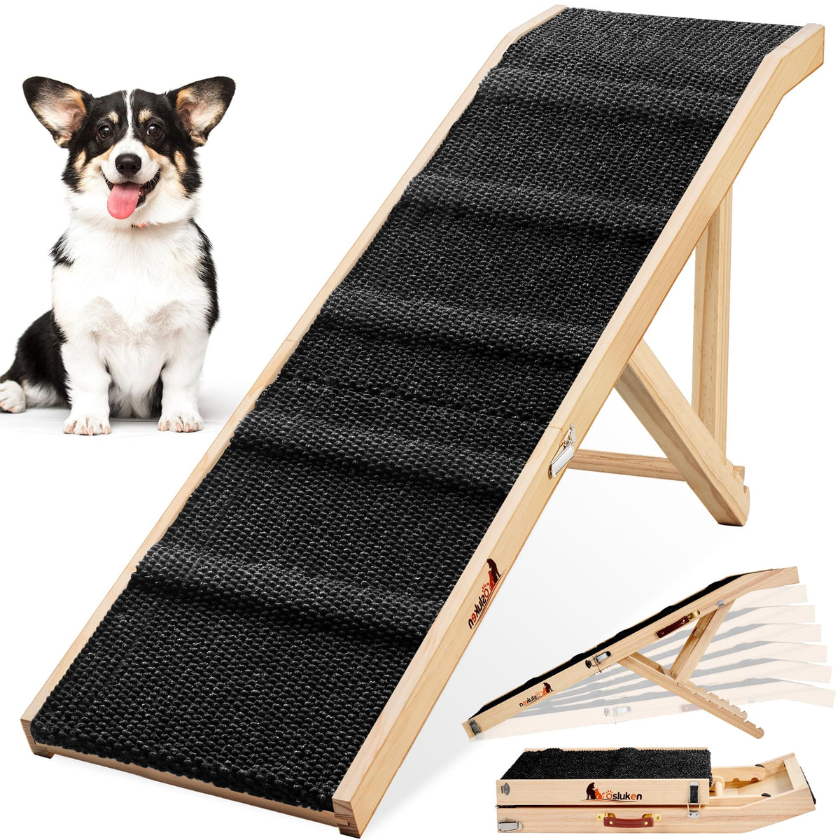 49" Long Dog Ramp for Couch & Low Height Bed, Foldable Pet Ramp for Small Large Dogs, High Traction with Platform Adjustable Heights 18" to 21.5" Up to 220LBS
