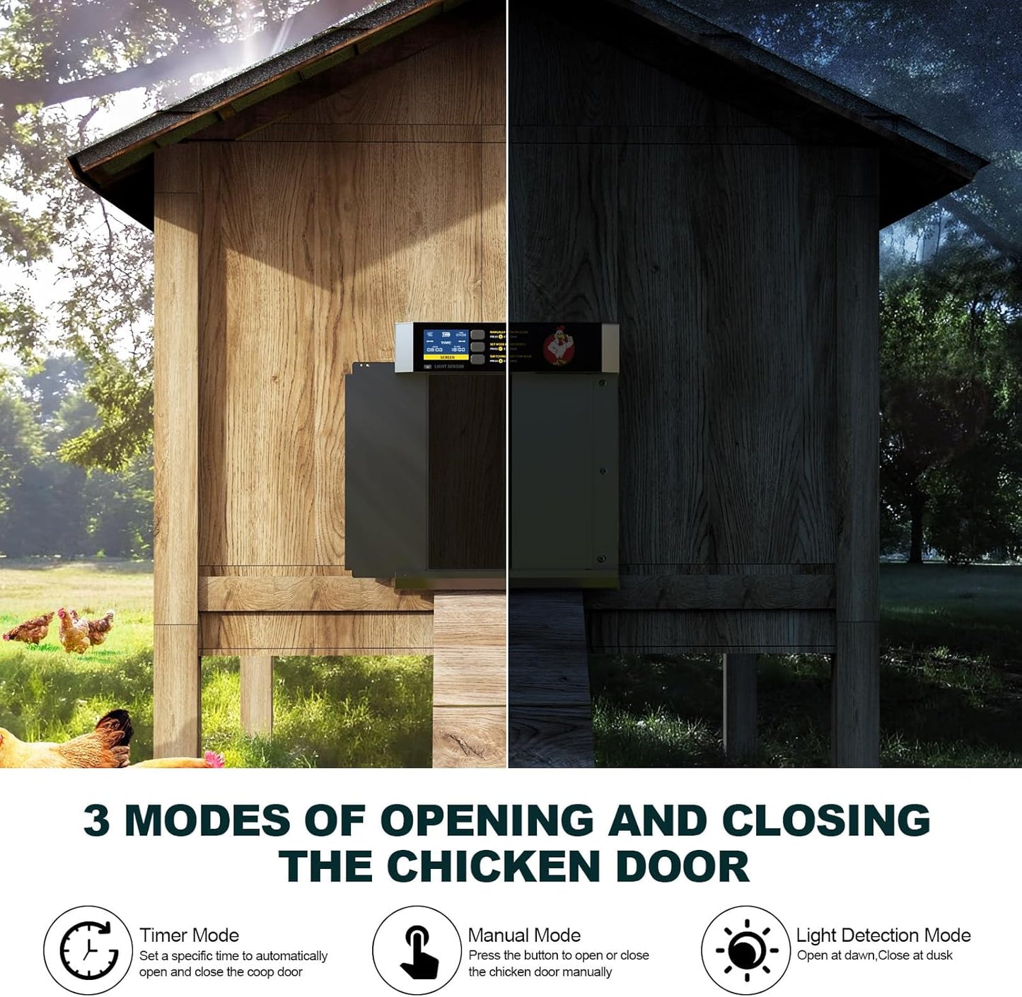 CKAIJHIEG Chicken Coop Door, Automatic Chicken Coop Door Opener, Large LCD Display with Timer & Light Sensor, Anti-Pinch Protection