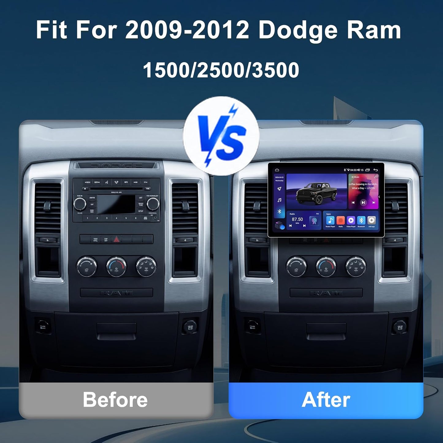 11.5 Inch 8 Core 4GB+64GB Car Radio Stereo for Dodge RAM 1500/2500/3500 2009-2012, 2K Touchscreen Android 13 Head Unit with Wireless CarPlay & Android Auto,1080P Backup Camera, GPS, SWC, AM/FM Radio