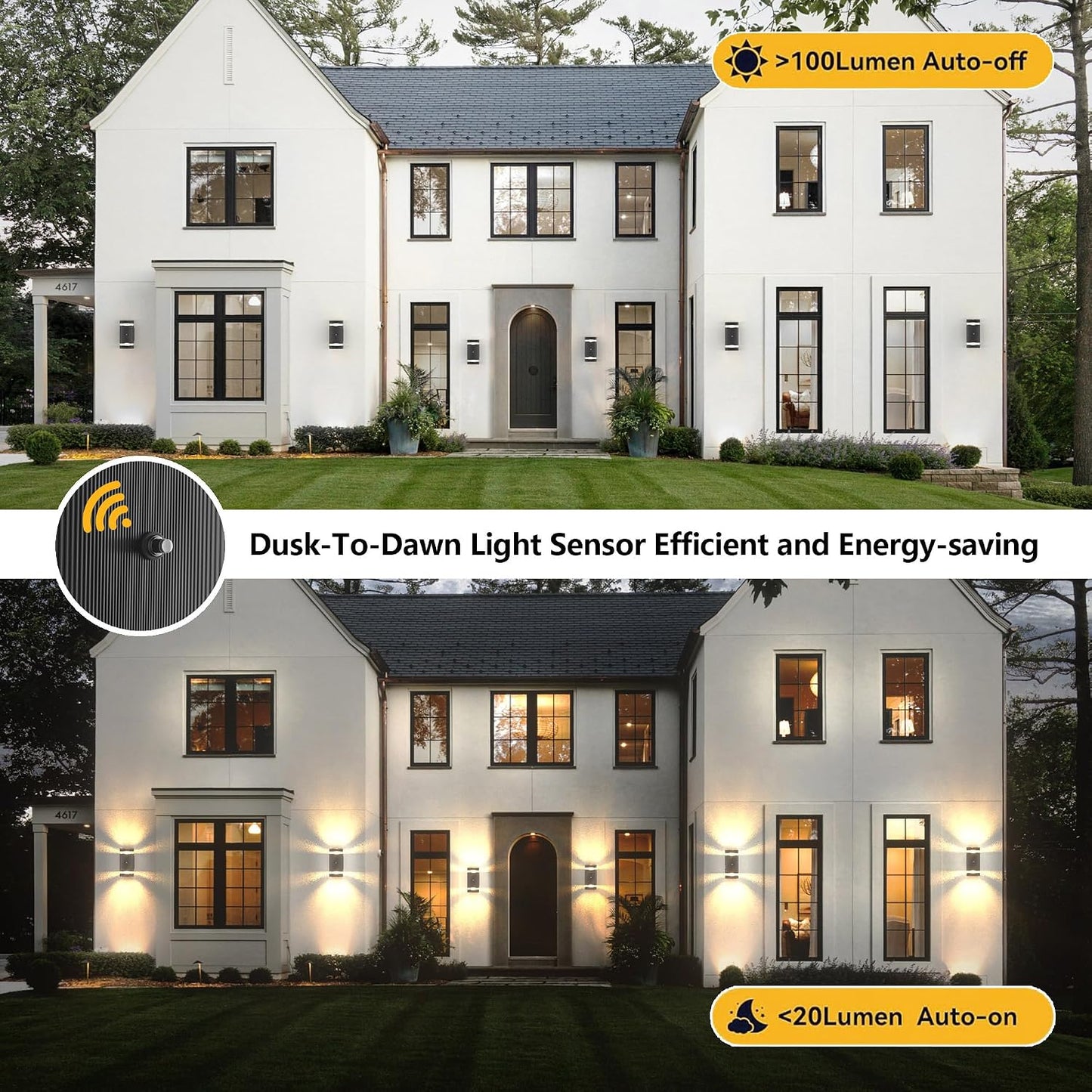 GEYANG Modern Exterior Wall Light: 14W 3000K Warm White Waterproof Dusk to Dawn Outdoor Lighting - Black Wall Lamp - Up and Down Lighting for Garage Yard Patio Entryway - 4 Pack dusk to dawn 4