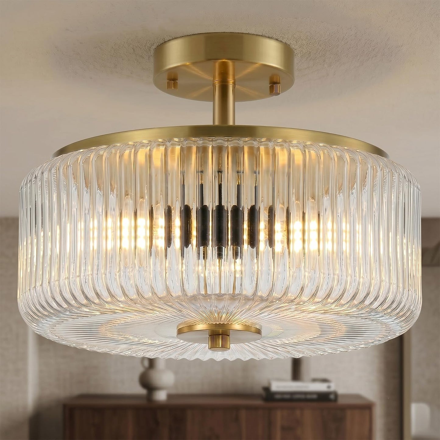 3-Light Semi Flush Mount Ceiling Light, 11.8" Modern Gold Light Fixtures Ceiling Mount with Enclosed Ribbed Clear Glass Shade, Close to Ceiling Lamp for Bedroom, Kitchen, Hallway, Entryway