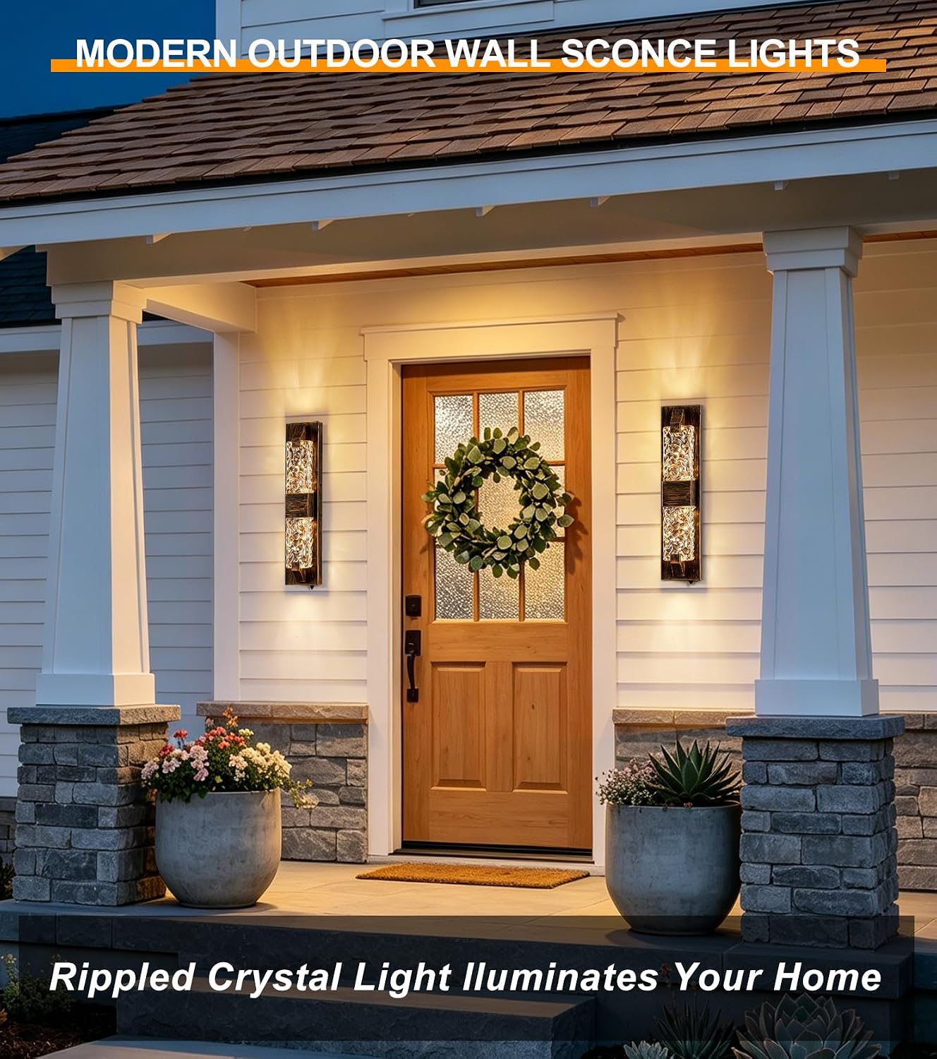 Dusk to Dawn Porch Lights, 18.5" Rustic LED Outdoor Wall Light 2 Pack | Rustic Wood-Grain,Crystal Glass Shade, IP65 Waterproof,12W 3000K Hardwired, Rust-resistant for Entryway/Garage/Patio/Doorway