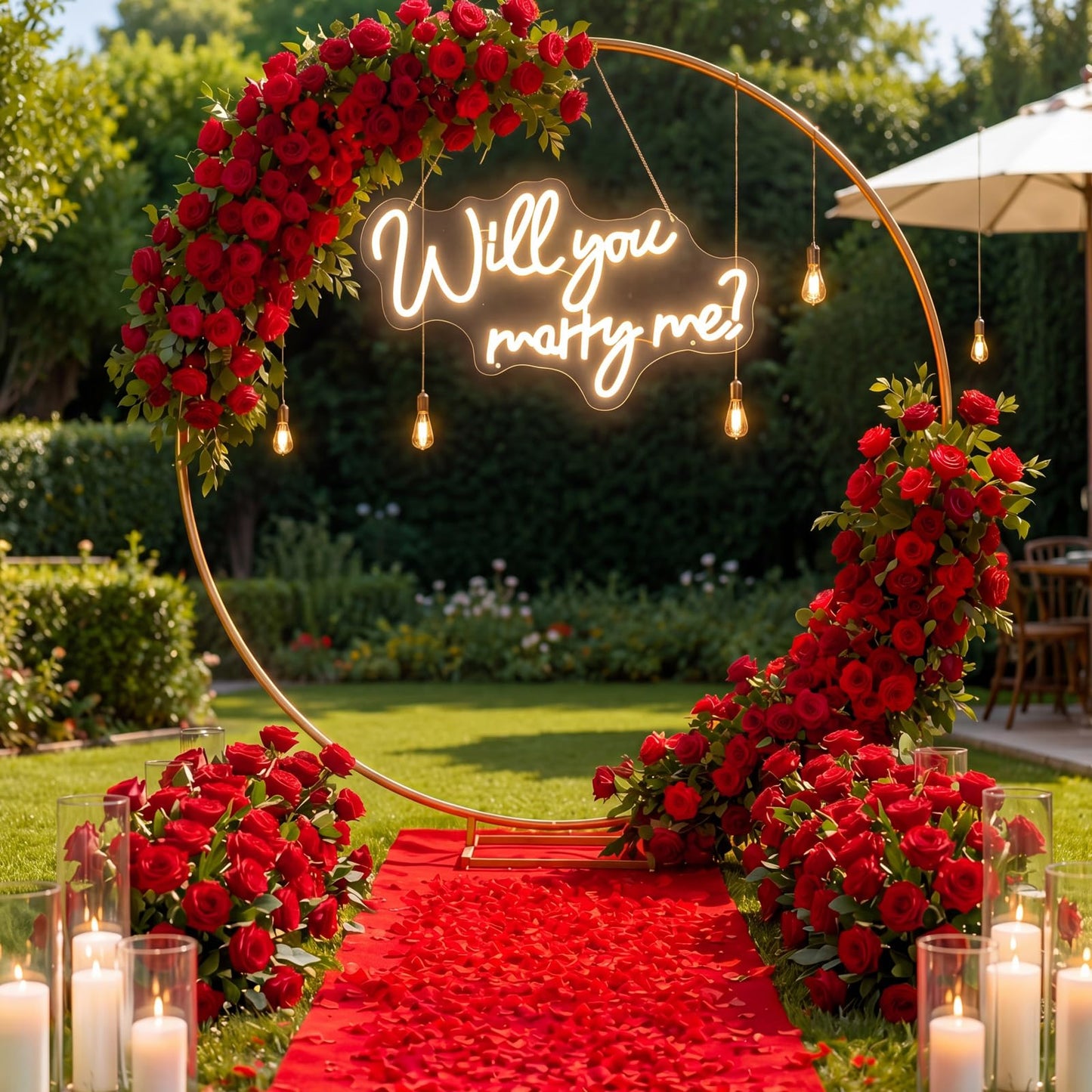 Will You Marry Me Sign 6.6 ft Large Metal Round Wedding Arch Stand Marry Me LED Neon Light Sign Proposal Decoration Red Carpet Aisle 4000pcs Rose Petals for Proposal Engagement Anniversary