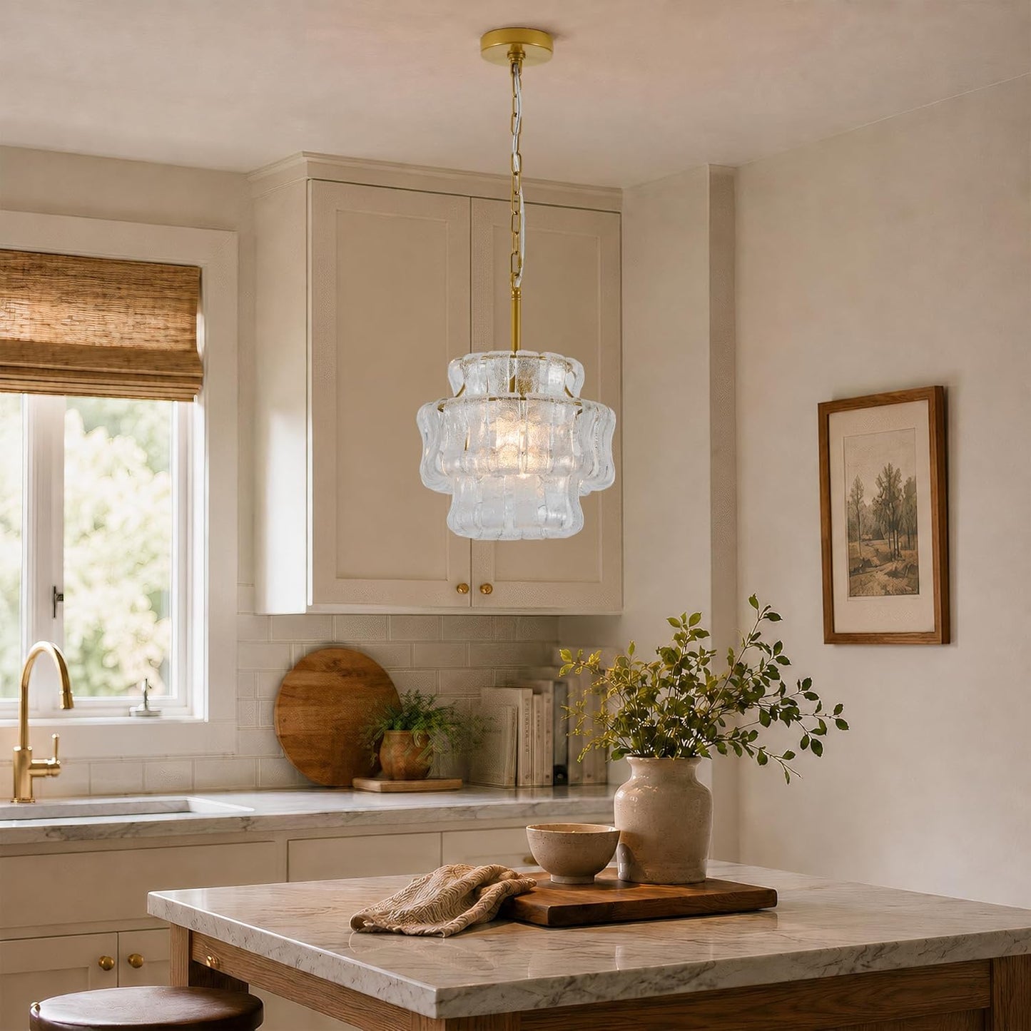12 Inch Modern Gold Clear Glass Round Chandelier | 1-Light 3-Tier Layered Glass Ceiling Light Fixture for Bedroom, Entryway, Kitchen, Hallway, Closet Gold - Clear Glass 12"
