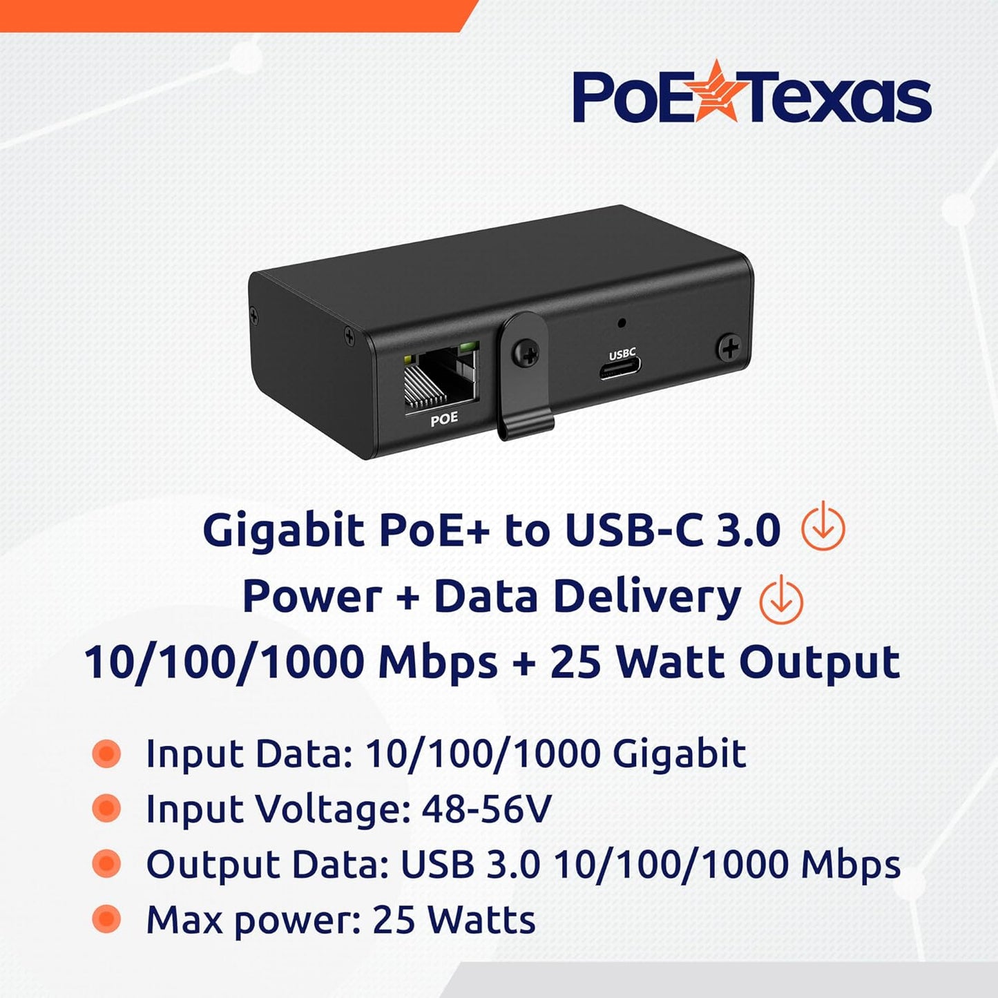 PoE Texas Gigabit PoE+ (802.3at) to USB-C 3.0 Power + Data Delivery w/ 25 Watt Output - Power over Ethernet Active PoE Adapter to USB-C for iPad Pro