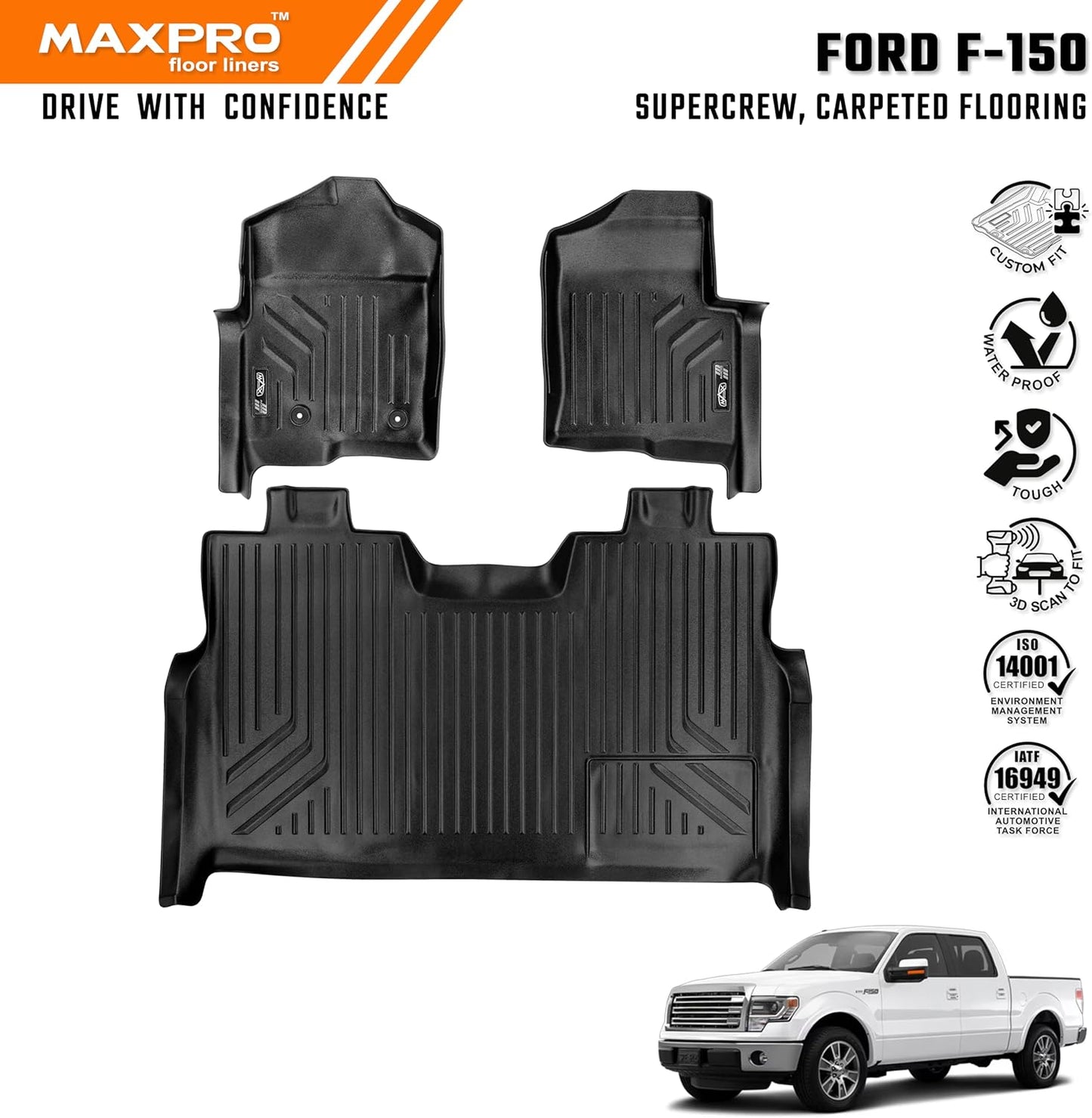 Premium MAXPRO Floor Mats for 2009-2014 Ford F-150 SuperCrew Cab | Custom Fit TPE Floor Liners 1st &2nd Row Full Set | All Weather Waterproof Heavy Duty Car Mats Ford F150 Accessories Truck No Shifter 2009-2014 Ford F-150 Supercrew, Carpeted Flooring