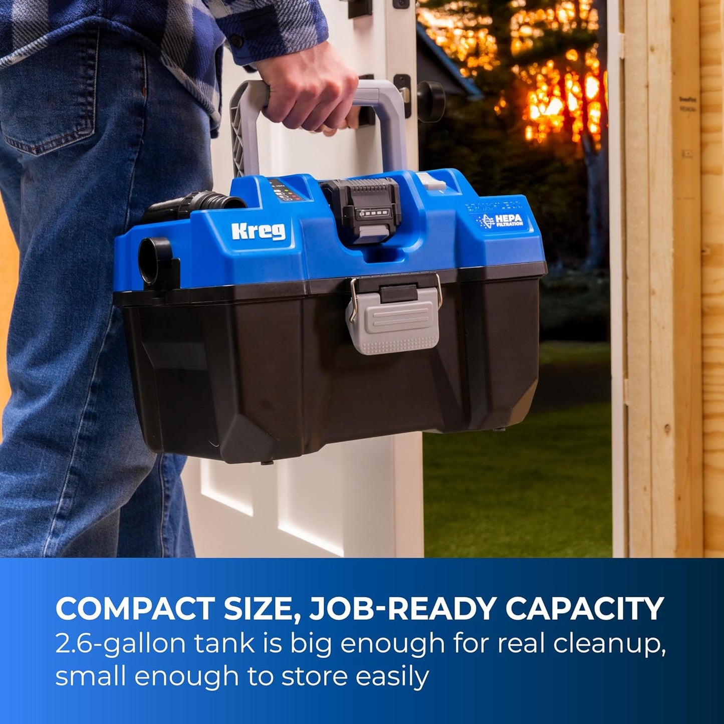 Kreg 20V Ionic Drive Wet/Dry Vac with HEPA Filter Kit - Cordless HEPA Shop Vacuum for Dust Collection, Debris & Liquid Cleanup - 50 CFM Suction - Blower Function - Includes 4Ah Battery and Charger