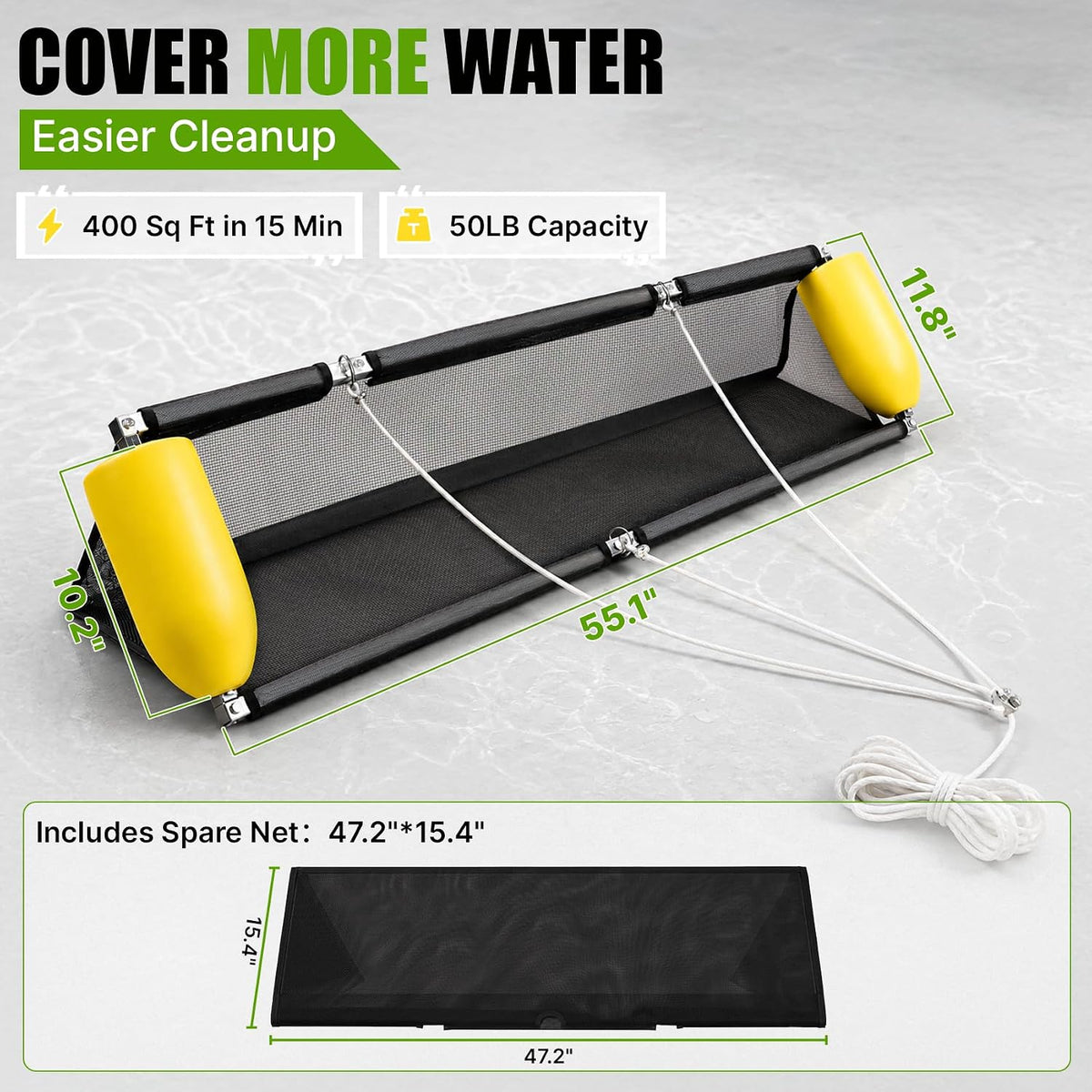 55" Wide lake floating debris collector for Lakes & Ponds, with Spare Net
