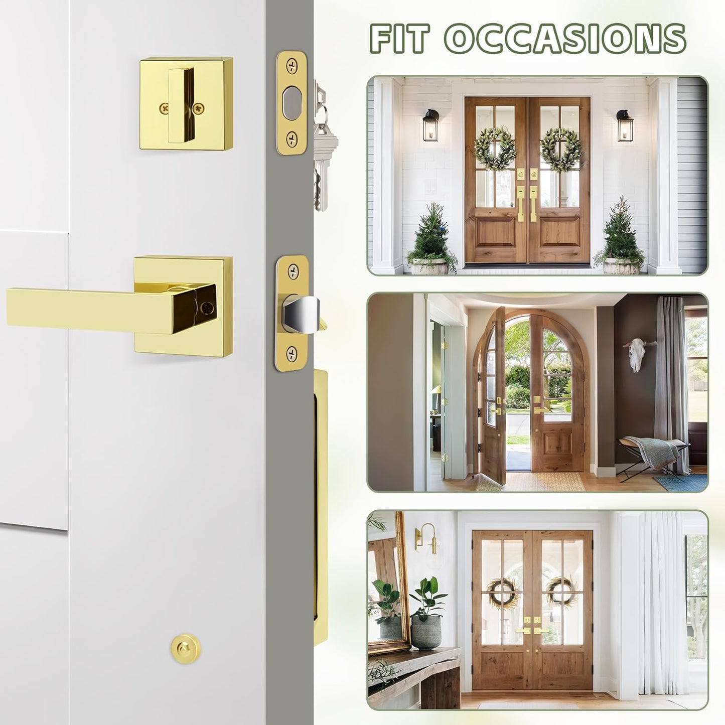 Double Front Door Lock Set, Polished Brass Square Front Door Hardware Set with Dummy