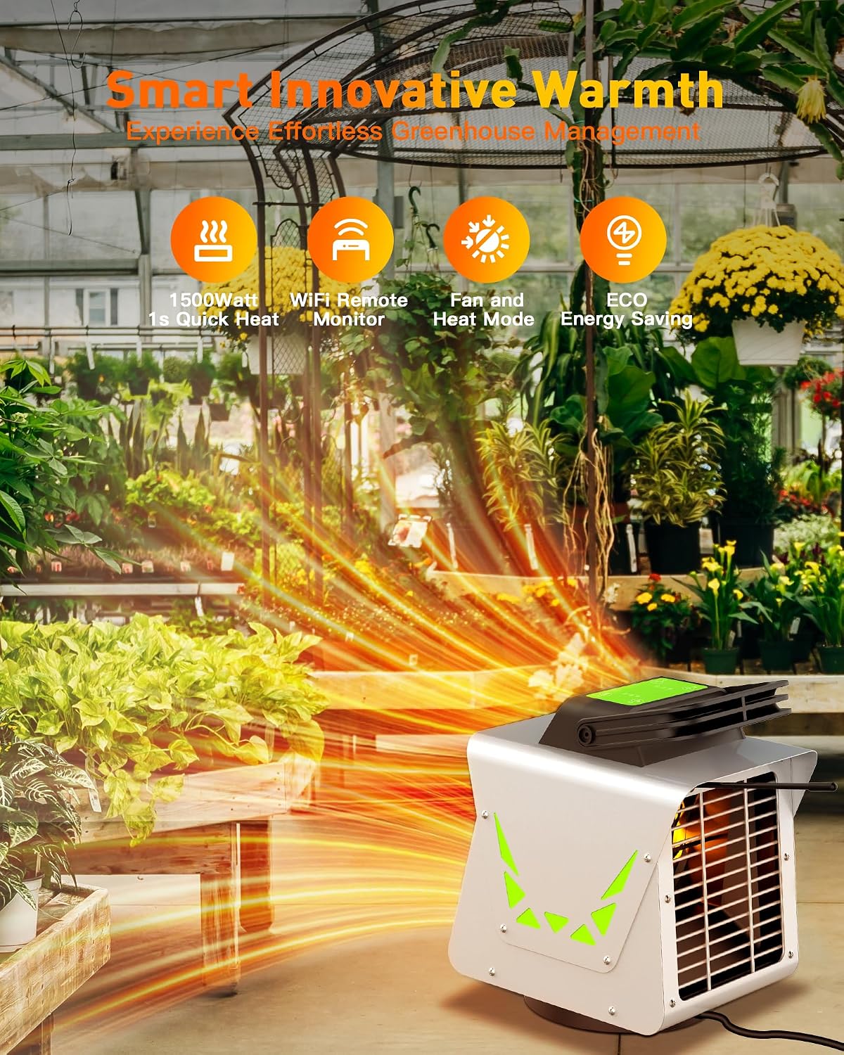 Kiroto 1500w Greenhouse Heater,with APP Remote Control, Portable Outdoor Winter Heater With Thermostat For Plants Vegetables Flowers,Smart Electric Safe Heater for Green house,Grow Tents,Garage