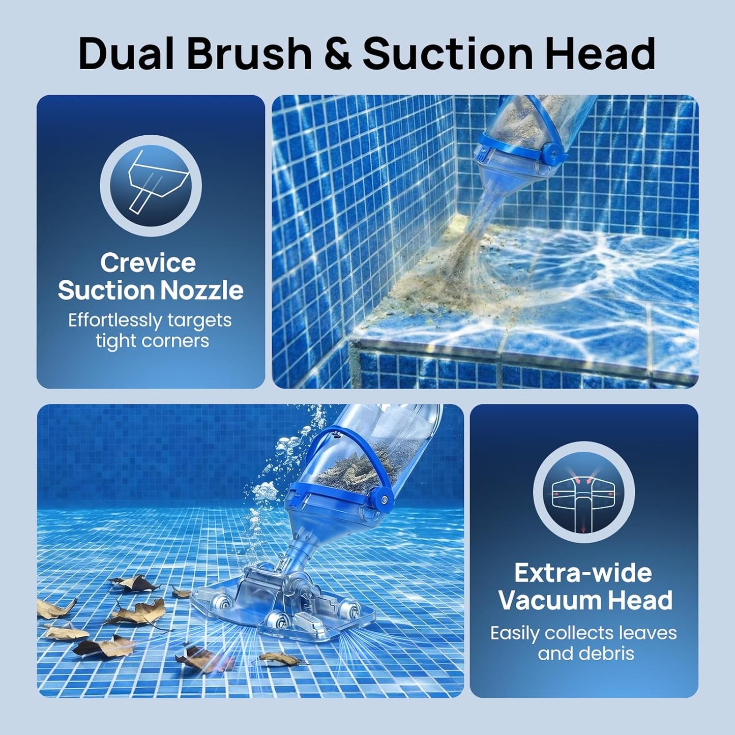 Handheld Pool Vacuum for Above Ground & Inground Pools, Consciot Cordless Rechargeable Pool Cleaner with 1110 GPH Suction, Telescopic Pole up to 87.5", 1H Runtime, See-Through Head for Spas & More Blue