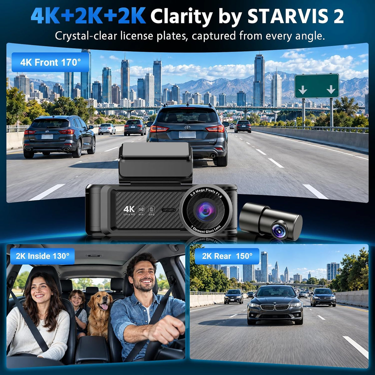 3 Channel Dash Cam Front Rear Inside,STARVIS 2 4K HDR Car Camera