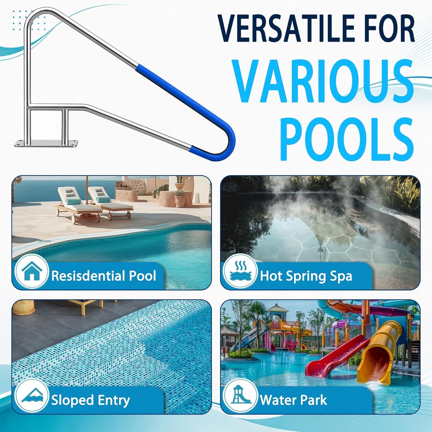 Pool Handrail, 55" x 32" Pool Railings for Inground Pools, 314 Stainless Steel Swimming Pool Handrail with Non-Slip Grip Cover, Heavy Duty Pool Handrails Support 500 lbs